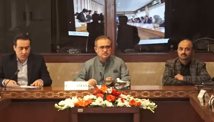 Chairman National Assembly Standing Committee on Communications Aijaz Hussain Jakhrani presides over a meeting  at Parliament House on March 6, 2025. — Screengrab via Facebook@NationalAssemblyOfPakistan
