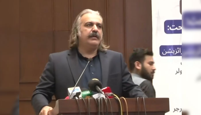 Chief Minister Ali Amin Khan Gandapur addresses the “Solarisation of Houses” launching ceremony at the Chief Minister’s House in Peshawar on March 6, 2025. — Screengrab via Facebook@AliAminKhanGandapurPti