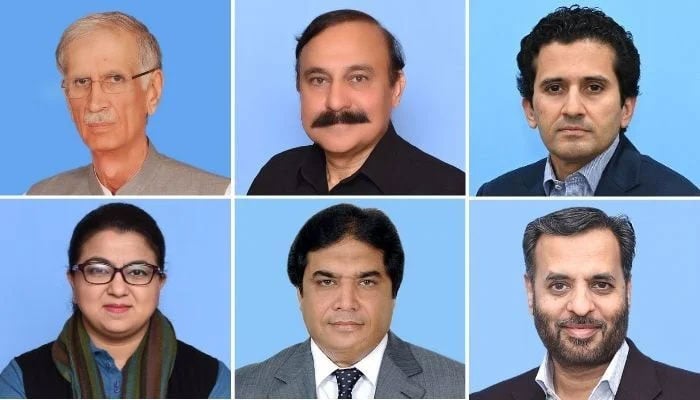 (Clockwise from top) Pervez Khattak, Tariq Fazal Chaudhry, Ali Pervaiz Malik, Mustafa Kamal, Hanif Abbasi, Shaza Fatima Khawaja. . — National Assembly/File