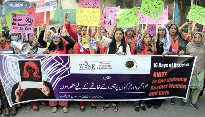 Members of Women in Struggle for Empowerment (WISE) hold rally to mark the International Day for the Elimination of Violence against Women, at Lahore press club on November 25, 2024. — PPI