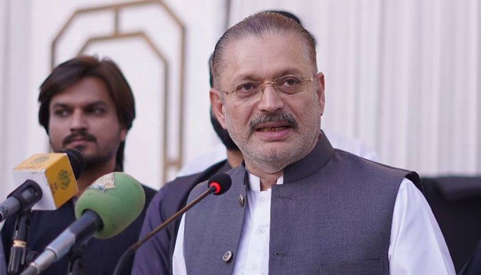 Sindh Senior Minister for Information and Transport Sharjeel Inam Memon speaking at an Iftar dinner at the Karachi Press Club on March 7, 2025. — Facebook@SharjeelInamMemon63