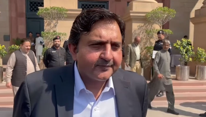 Punjab Assembly (PA) Speaker Malik M Ahmad Khan talking to reporters outside the PA on March 7, 2025. — Screengrab via Facebook@MalikMAhmadKhan