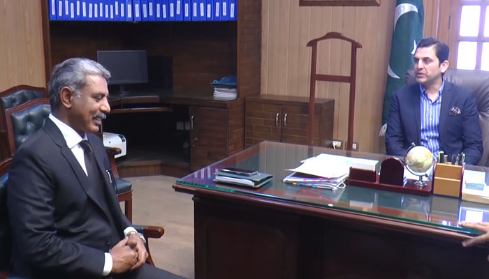 Provincial Law Minister Malik Sohaib Ahmad Bharth (right) in a meeting with Advocate General Punjab Muhammad Amjad Pervez (left) at the Punjab Law Department on March 7, 2025. — Screengrab via Facebook@Malik Sohaib Ahmed Bherth