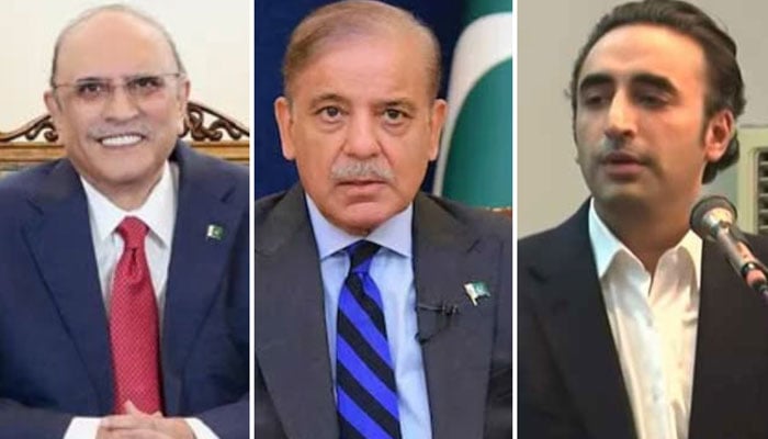 This collage shows President Asif Ali Zardari (left), Prime Minister Shehbaz Sharif (centre), and PPP Chairman Bilawal Bhutto Zardari (right). —  APP/Reuters/Screengrab via YouTube/Geo News/File