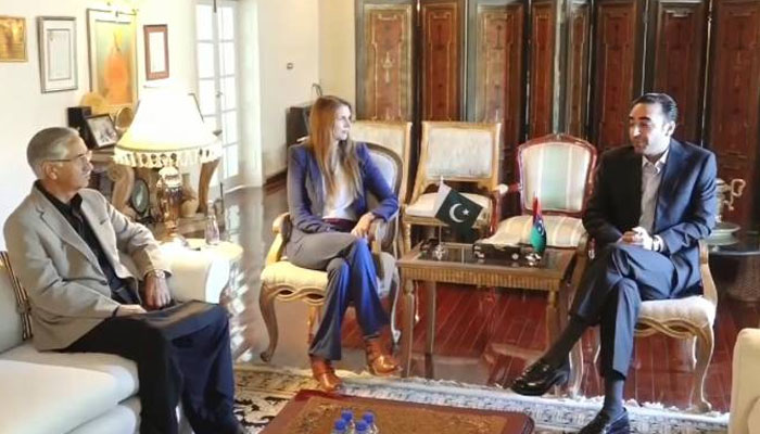 Pakistan Peoples Party Chairman Bilawal Bhutto Zardari (right) meeting with British High Commissioner Jane Marriott (centre) .— Facebook@BilawalBhuttoZardariPk/File