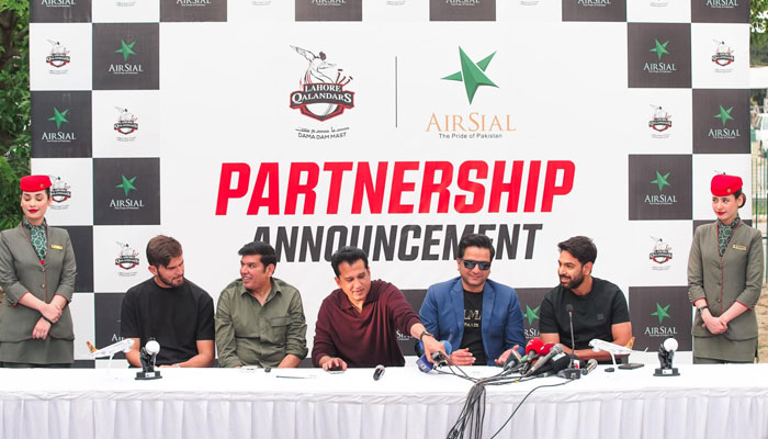 The image shows a ceremony of partnership between Lahore Qalandars and AirSial on March 8,2025. — Facebook@LahoreQalandars