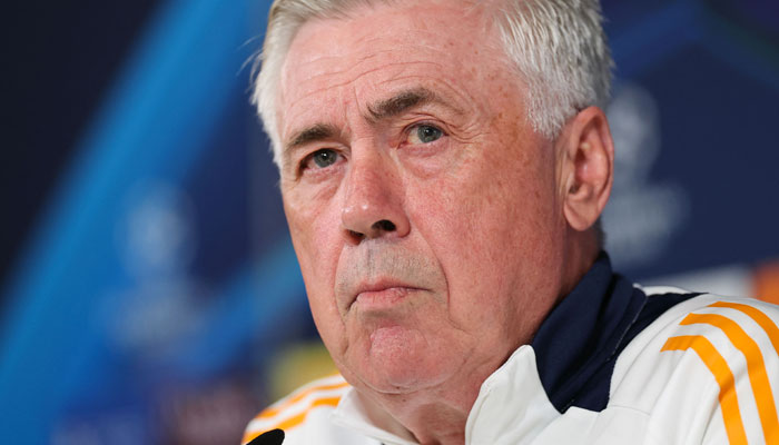 Real Madrid´s Italian coach Carlo Ancelotti attends a press conference on the eve of the UEFA Champions League Round of 16 first leg football match between Real Madrid CF and Club Atletico de Madrid at Real Madrid Sports City in Valdebebas, on the outskirts of Madrid, on March 3, 2025. — AFP