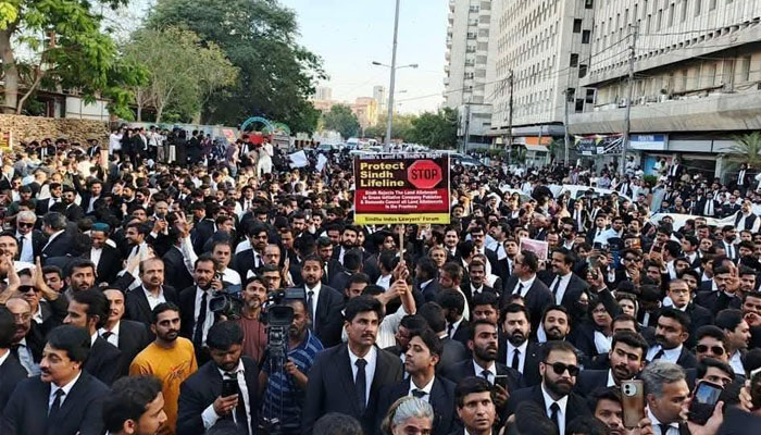 An image from the lawyers protest outside Karachi Press Club on March 8, 2025.— Facebook@smart.bheel