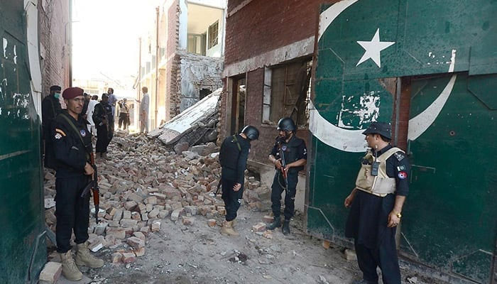 A damaged view of the building after an attack occurred in the tehsil offices compound in the Bara area of KP. — INP/File