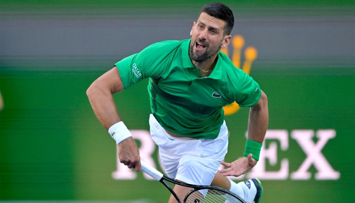 Novak Djokovic hits a shot during the second round of the BNP Paribas Open at the Indian Wells Tennis Garden, California, March 8, 2025. — Reuters