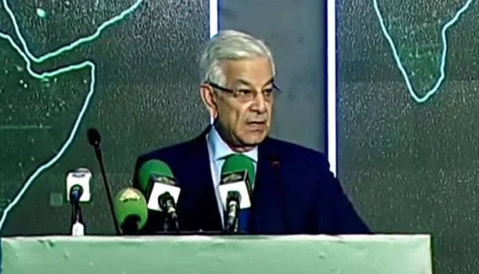 Defence Minister Khawaja Muhammad Asif addresses an event on November 19, 2024. — Radio Pakistan