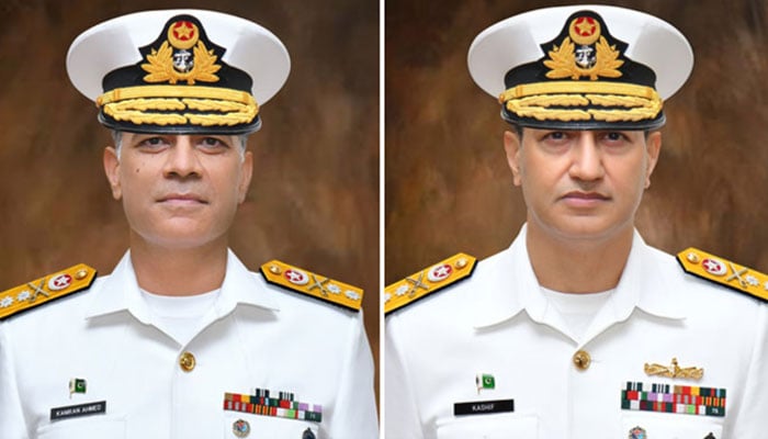 This collage released on on March 10, 2025 shows Rear Admiral Kamran Ahmed (left) and Rear Admiral Kashif Munir (right). — Facebook@DgprNavy