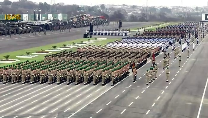 This image shows an aerial view of the 23 March 2023 Parade. — APP