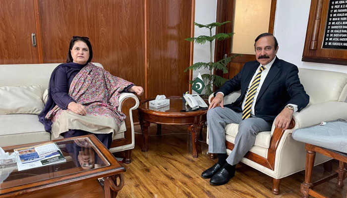 Benazir Income Support Programme (BISP) Chairperson Senator Rubina Khalid and newly-appointed Federal Minister for Parliamentary Affairs Dr Tariq Fazal Chaudhry look on during a meeting on March 10, 2025. — Facebook@officialbisp