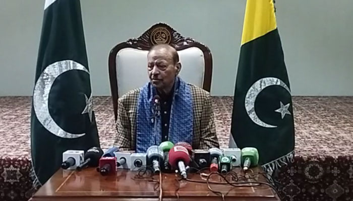 Azad Jammu and Kashmir (AJK) President Barrister Sultan Mahmood Chaudhry addressing a press conference on March 10, 2025. — Screengrab via Facebook@Barrister.Sultan.Official
