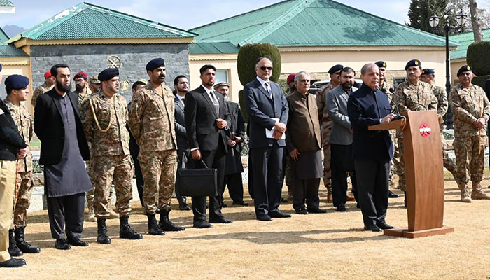 Prime Minister Muhammad Shehbaz Sharif addressing the soldiers that conducted the successful operation of Jaffar Express hijack, Quetta on March 13, 2025.—PID