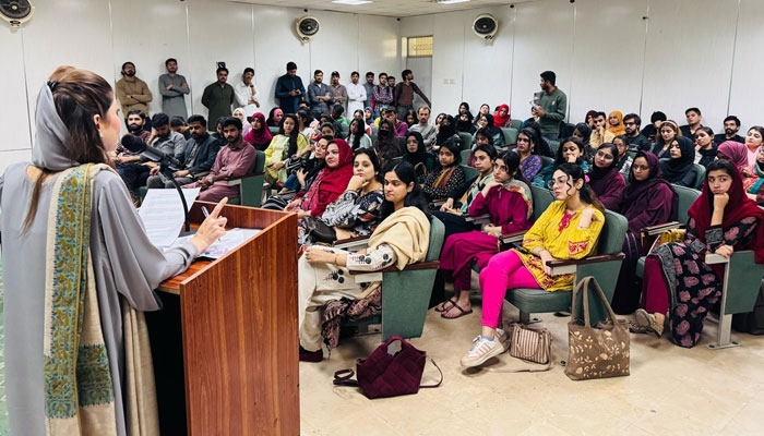 The chief guest MPA and Punjab Women Protection Authority Chairperson Hina Parvez Butt speaks during at an event titled ‘Accelerate action: Advancing and celebrating gender equity.’ on commemorated International Women’s Day on March 13, 2025. — Facebook@PWPA.Gov