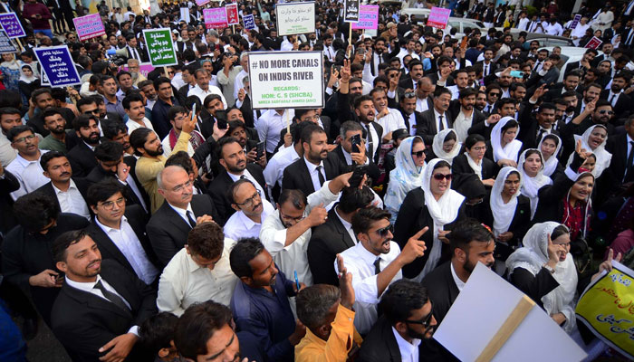 Lawyers protest against building new canals to draw additional water from the Indus River, anti-people policies decisions and amending the Irsa Act at Karachi press club on March 14, 2025. — PPI