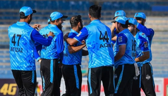 Abbottabad players celebrate during a National T20 Cup match against Peshawar at the National Bank Stadium in Karachi on December 6, 2023. — PCB