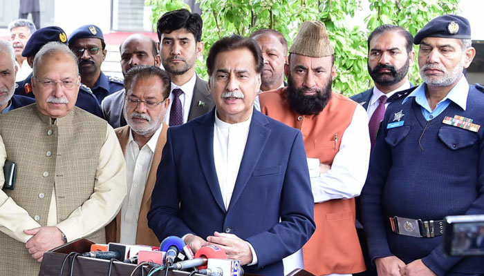Speaker National Assembly (NA) Ayaz Sadiq (centre) talks to the media persons after launching tree plantation drive at the Mughal Garden in the Parliament House on March 14, 2025. — Facebook@NationalAssemblyOfPakistan