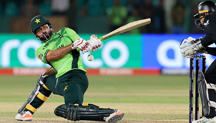 Pakistans Khushdil Shah (left) plays a shot during the first match of the ICC Mens Champions Trophy 2025 against New Zealand at the National Bank Stadium in Karachi on February 19, 2025. — Reuters