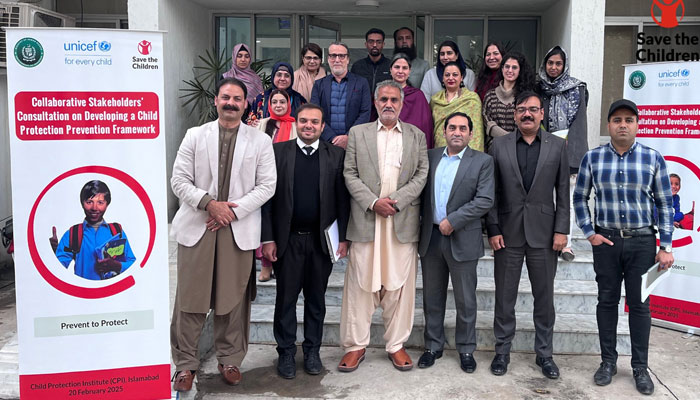 Representatives of civil society in a group photo at a high-level stakeholders consultation on the development of a Child Protection Prevention Framework (CPPF) at the Child Protection Institute on March 11, 2025. — Facebook@SavetheChildrenPakistanProgram