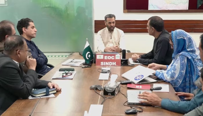 Federal Health Minister Syed Mustafa Kamal speaks in a meeting during his visit to the Provincial Emergency Operations Centre for Polio (EOC) in Sindh on March 15, 2025. — Screengrab via Facebook@KamalMQM