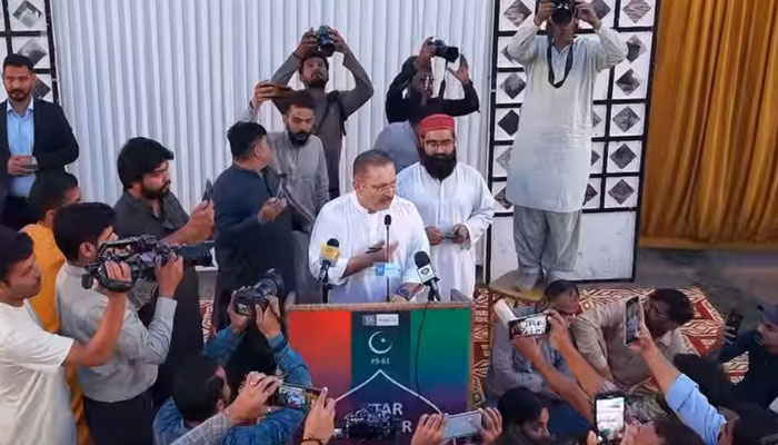 Sindh Information Minister Sharjeel Inam Memon talking to the media before an Iftar dinner at Rawal House, Tando Jam, on March 16, 2025. — Screengrab via Facebook@SharjeelInamMemon63
