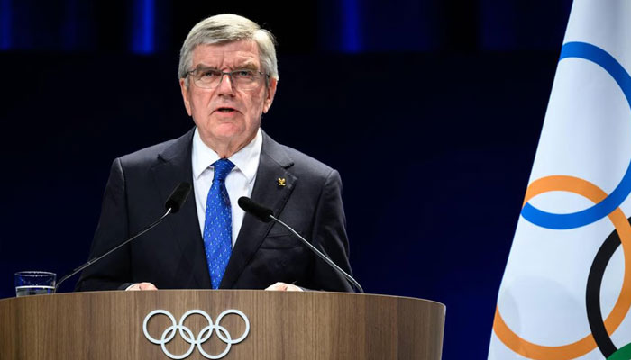 Outgoing IOC president Thomas Bach delivering a speech during the 142nd session of the IOC in Paris on August 10, 2024.—AFP