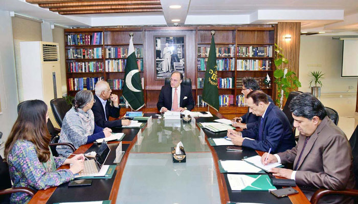 Federal Minister for Finance and Revenue, Senator Muhammad Aurangzeb being briefed on the development of the National Health and Population Policy (NHPP) 2025-34 in Islamabad on March 17, 2025. — APP