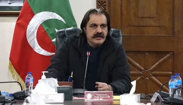 This screengrab taken from a video released on March 8, 2024, shows the Khyber Pakhtunkhwa Chief Minister Ali Amin Gandapur speaking to senior journalists in Peshawar. — Facebook@Ali Amin Khan Gandapur