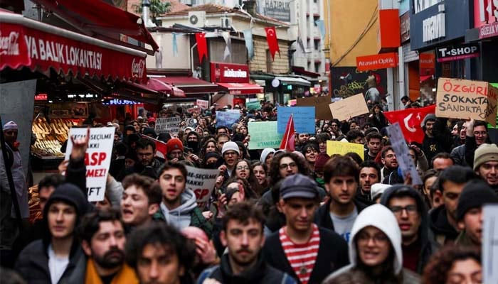 University students take part in a protest against the detention of Istanbul Mayor Ekrem Imamoglu, in Istanbul, Turkey, March 20, 2025. — Reuters