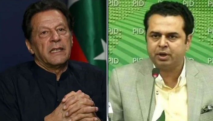 Pakistan Tehreek-e-Insaf (PTI) founder Imran Khan (left) and Minister of State for Interior Talal Chaudhry.—AFP/PID/File