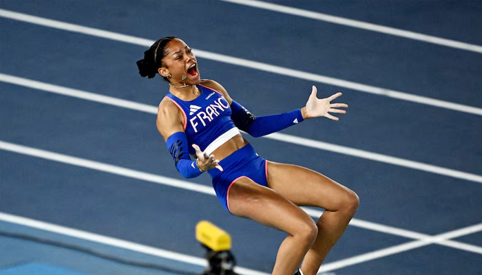 Frances Marie-Julie Bonnin reacts during the womens pole vault final, March 22, 2025. —Reuters