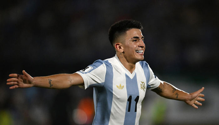 Argentina midfielder Thiago Almada celebrates after scoring the winning goal in a 1-0 World Cup qualifying victory over Uruguay. —AFP/File