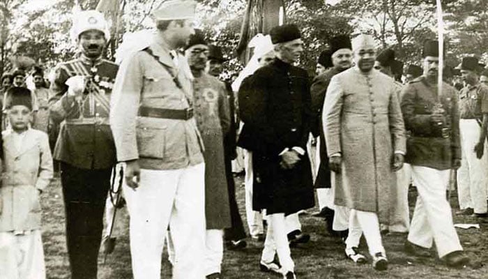 Muhammad Ali Jinnah (centree) and Liaqat Ali Khan seen in this undated image. — The News/File
