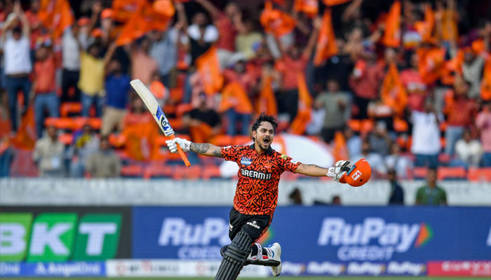 Sunrisers Hyderabads Ishan Kishan celebrates after scoring a century during his sides defeat of Rajasthan Royals in the IPL. —AFP/File