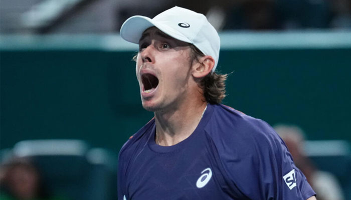 Alex de Minaur of Australia reacts after defeating Joao Fonseca of Brazil at the Miami Open on Monday, March 24, 2025.—AFP