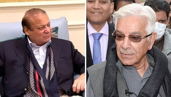 Pakistan Muslim League-Nawaz supremo Nawaz Sharif (left) and Defence Minister Khawaja Asif. — PML-N/APP/File