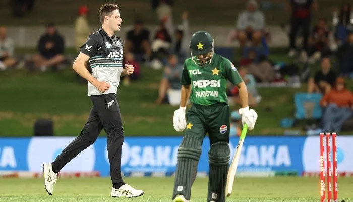 New Zealands Will ORourke celebrates the wicket of Pakistans Mohammad Haris during the fourth Twenty20 international cricket match between New Zealand and Pakistan at Bay Oval in Mount Maunganui on March 23, 2025. — AFP