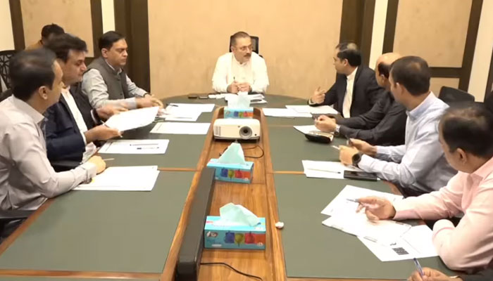 Senior Minister Sharjeel Inam Memon chairs a high-level meeting of the Sindh transport and mass transit department on March 28, 2025. — Screengrab via Facebook@SharjeelInamMemon63