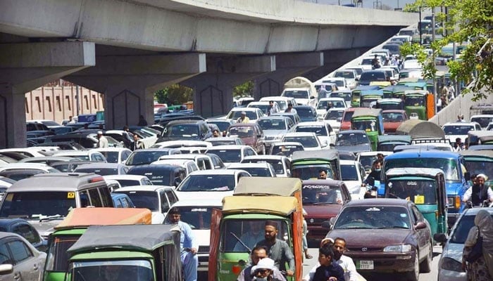 A view of massive traffic jam in KP on April 22, 2024. — APP