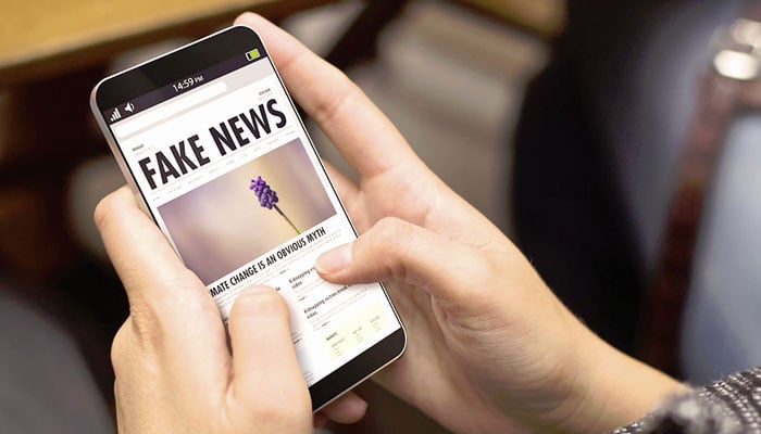 This image shows a person using a mobile phone with Fake News written on its screen. — Unsplash/File