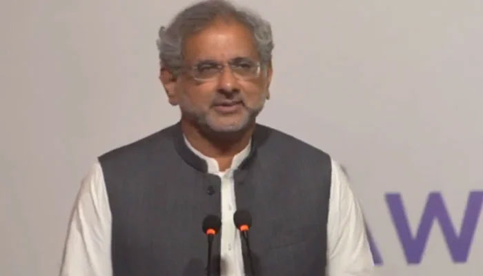 Former Prime Minister Shahid Khaqan Abbasi addresses at an event on August 11, 2024. — screengrab via Facebook/Awam Pakistan Party