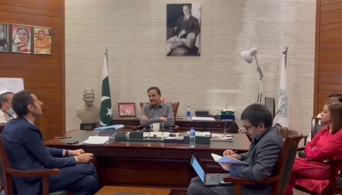 In this still, Karachi Mayor Barrister Murtaza Wahab speaks during a meeting with a 3-member delegation of the World Bank in his office on November 1, 2023. — Facebook@KarachiMetropolitanCorporation