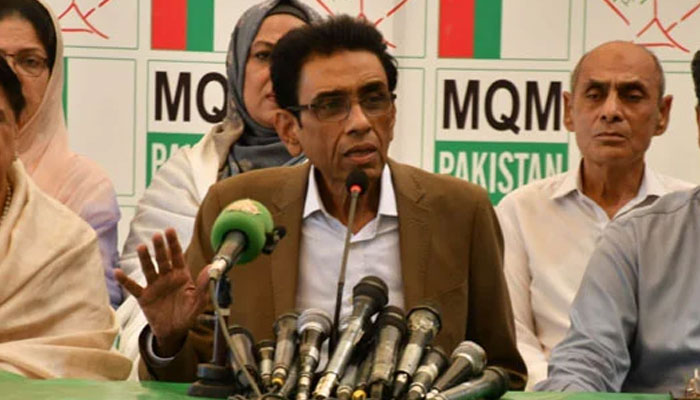 MQM-P Chairman Dr Khalid Maqbool Siddiqui addresses a presser in this image released on May 10, 2024. — X@MQMPKOfficial