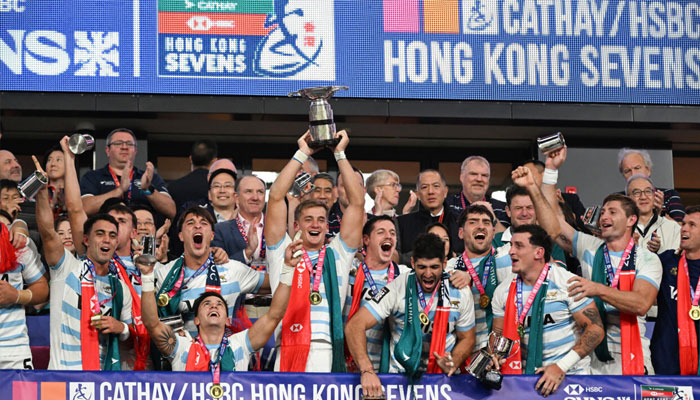 Argentina celebrate winning the Hong Kong Sevens on Sunday. —AFP/File