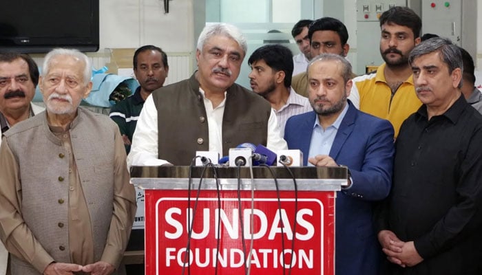 Provincial Health Ministers Khawaja Salman Rafique (centre left) and Khawaja Imran Nazir (centre right)  talk to media during their visit to Sundas Foundation Shadman on March 30, 2025. — Facebook@SalmanRafiquePK