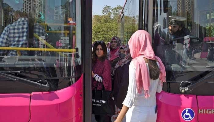 This representational image shows women boarding the Pink Bus on February 1, 2023. — Online