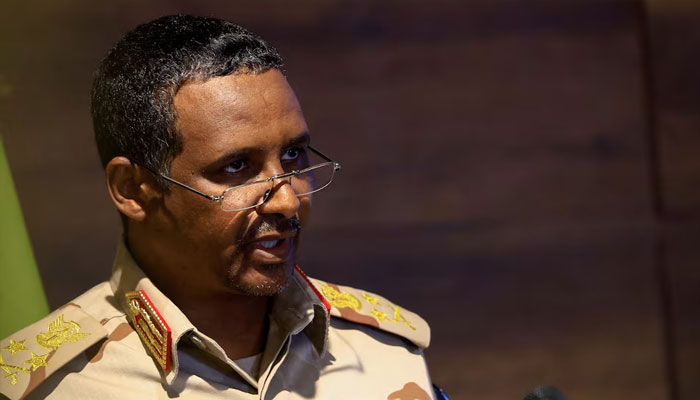 Deputy head of Sudans sovereign council General Mohamed Hamdan Dagalo speaks during a press conference at Rapid Support Forces head quarter in Khartoum, Sudan February 19, 2023. —Reuters